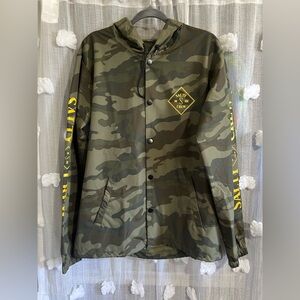 Salty Crew Camo Hooded Coach Jacket - Olive Camo with Yellow Logo
